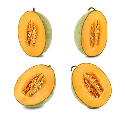 Four halves of delicious cantaloupe melon in a cross-section, isolated on white background with copy space for text or images. Side view. Close-up shot.