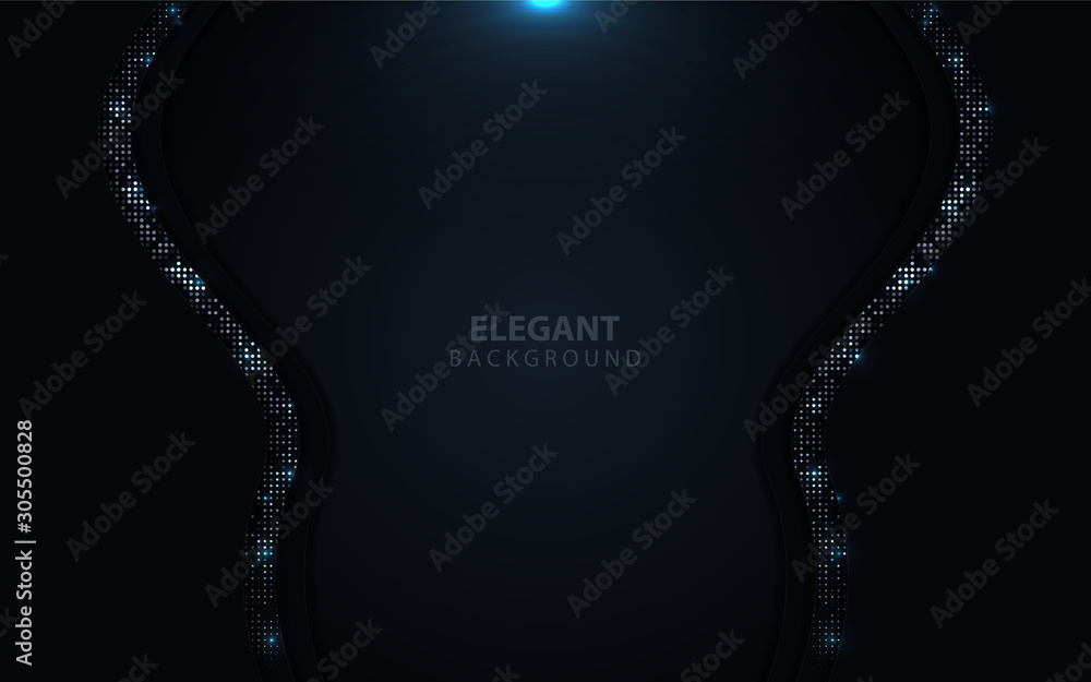 Poster dark abstract paper shapes background overlap layers texture with silver glitters dots element decor