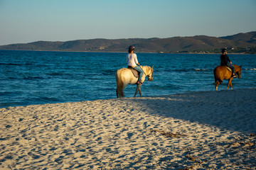 young woman ride a horse on the beach
