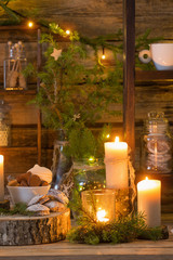 Christmas decoration cocoa bar with cookies and sweets on old wooden background in  natural rustic style. Winter cozy concept