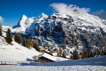 Fototapeta na wymiar idyllic Swiss village Murren in the mountains in winter