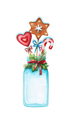 glass bottle with christmas decoration and sweets