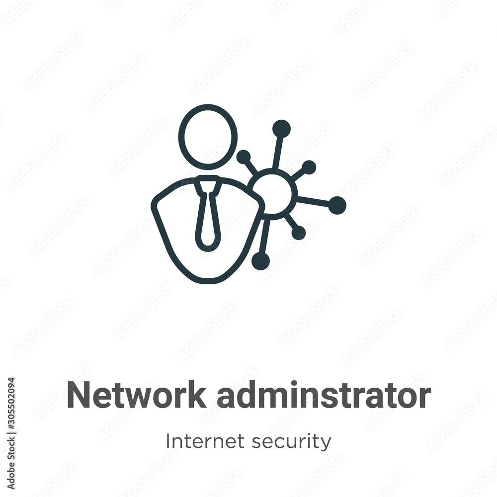 Poster network adminstrator outline vector icon. thin line black network adminstrator icon, flat vector sim