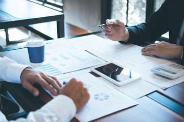 Business executive partner cooperation conference in investment ideas marketing planning and presentation finance project at meeting and strategy of business making to successful and growth profit
