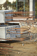 Detail with reinforcing iron bars on a construction site