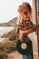 retro campervan with hippie californiagirl. california van lifestyle