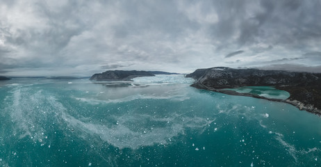 Panoramic view of Eqi Glacier in Greenland - Very few places in Greenland are as beautiful as this glacier 70 km north of Ilulissat in the Disco Bay. The Eqi glacier is one of the most active glaciers