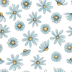 Acrylic prints Floral pattern Hand drawn seamless vector pattern with chamomile flowers. Colored daisy as childish drawing with black doodle stroke on a white background