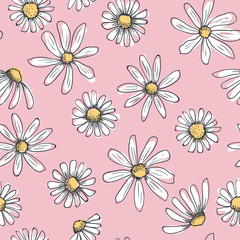 Hand drawn seamless vector pattern with chamomile flowers. Colored daisy as childish drawing with black doodle stroke on a pink background