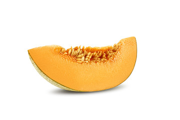 Slice of delicious cantaloupe melon in a cross-section, isolated on white background with copy space for text or images. Side view. Close-up shot.