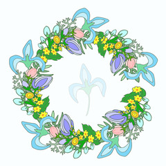 Fototapeta na wymiar Round beautiful wreath of flowers, blue, yellow and pink colors, delicate green leaves