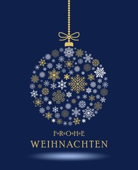 Weihnachtskugel vektor mit Schneeflocken und deutschen Weihnachtsgru&szlig;. Blauer Hintergrund. &Uuml;bersetzung: Frohe Weihnachten ist Merry Christmas. F&uuml;r Gru&szlig;karten und sonstige Hintergr&uuml;nde.