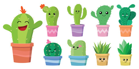 set of cute cartoon cactus and succulents with funny happy faces, expression in flowerpot. concept simple flat design illustration vector. can used for cards, invitations, sticker, object decoration.