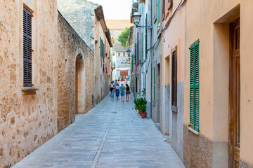 Beautiful narrow historic streets of Alcudia Old Town in Majorca Mallorca