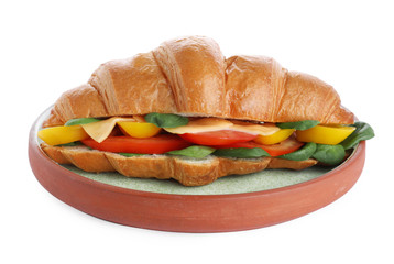Plate with tasty vegetarian croissant sandwich isolated on white