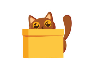 Cat and box. Learning preposition concept. Animal behind the box. Isolated vector educational cartoon illustration