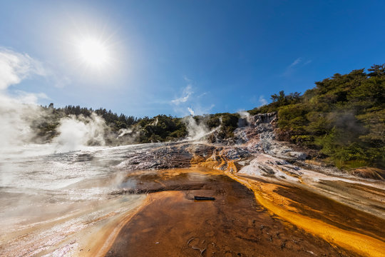 Hot Springs Algae and Terracettes and Emerald Terrace, Orakei Korako Geothermal Park, Taupo Volcanic Zone, North Island, New Zealand