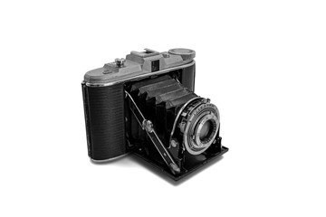 Nostalgic retro metal compact horizontal folding photo camera medium format with manual shutter