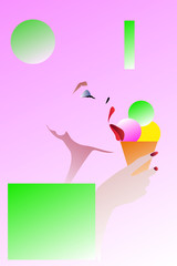 Abstract vector illustration of a young girl licks ice cream, open red lips with tongue, waffle cone with multi-colored balls of ice cream - 305503878