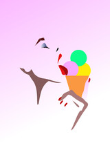 Abstract vector illustration of a young girl licks ice cream, open red lips with tongue, waffle cone with multi-colored balls of ice cream - 305504059