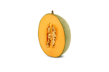 Half of delicious cantaloupe melon in a cross-section, isolated on white background with copy space for text or images. Side view. Close-up shot.