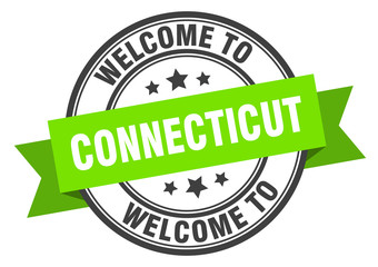 Connecticut stamp. welcome to Connecticut green sign