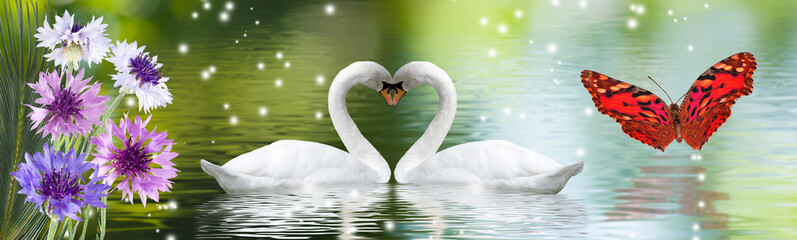 image of beautiful flowers and swans on the water close up