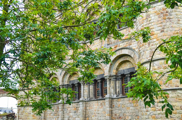 Fototapeta na wymiar Green Tree Branches with Castle in Background