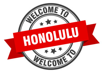 Honolulu stamp. welcome to Honolulu red sign