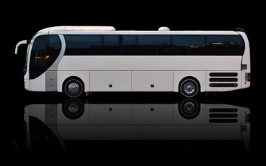 big tourist bus is isolated on black background with reflection on floor