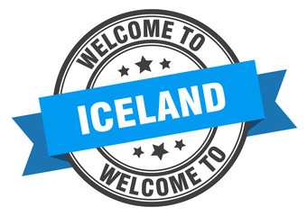 Iceland stamp. welcome to Iceland blue sign