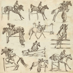 Fototapeta na wymiar Horses - show jumping. Collection, pack of freehand sketches. Line art on old paper.