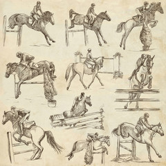 Horses - show jumping. Collection, pack of freehand sketches. Line art on old paper. © kuco