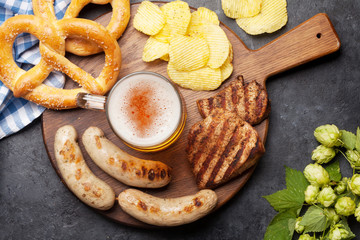 Oktoberfest set. Pretzels, sausages and lager beer