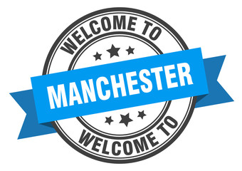 Manchester stamp. welcome to Manchester blue sign