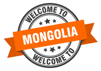 Mongolia stamp. welcome to Mongolia orange sign