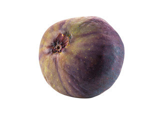 Purple fig isolated on white with copy space for text or images. Soft, sweet fruit, skin is very thin, has many small seeds inside of it. Close-up.