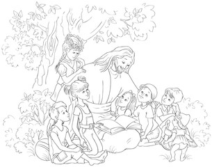 Fototapeta na wymiar Jesus reading the Bible with Children coloring page. Vector cartoon christian black and white illustration