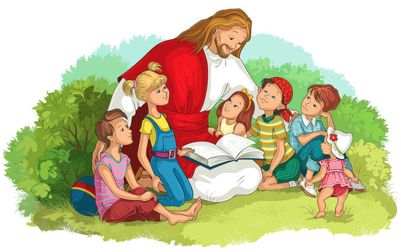 Jesus reading the Bible with Children isolated on white. Vector cartoon christian illustration