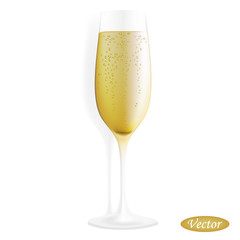 Realistic a glass of champagne with bubbles on white background. Colorful vector drawing. Design for paper, banners, logos, t-shirts, card and more.