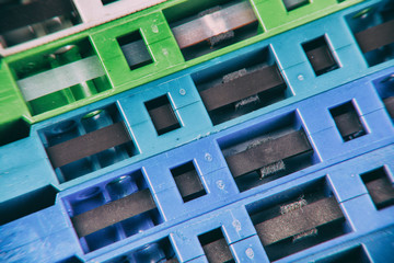 Close up set of old audio tapes, Stack vintage compact cassette tape.