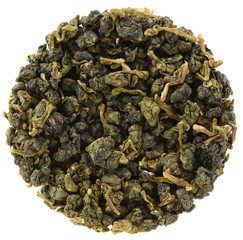 Organic tea leaves placed in round shape. Jiayang Organic Alluvial Demon Taiwan Oolong Tea isolated on white background