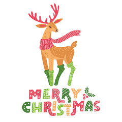 Merry Christmas hand drawn flat reindeer decoration in doodle holiday greeting card design. illustration.