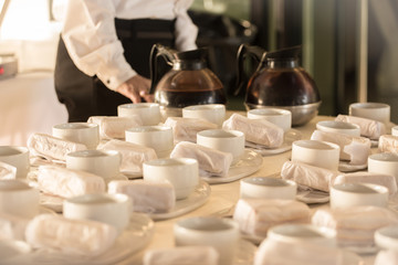 Coffee break in office, closeup portrait on coffee cup