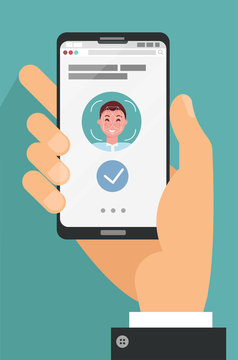 Facial recognition concept. Face ID, face recognition system. Hand holding smartphone with human head and scanning app on screen. Modern application. Flat design graphic elements. flat cartoon