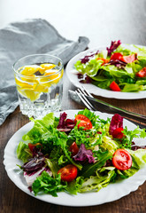 various fresh mix salad leaves with tomato in white plate on wooden background.