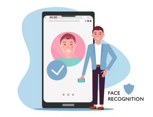 Face id concept. Man with mobile phone, male face on big smartphone screen. Personality Recognition in mobile app, modern phone with security system. Flat cartoon illustration