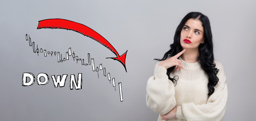 Market down trend chart with young woman in a thoughtful face