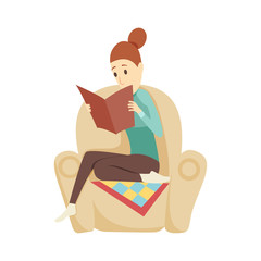 Young woman read the book sitting in a chair. Vector illustration.
