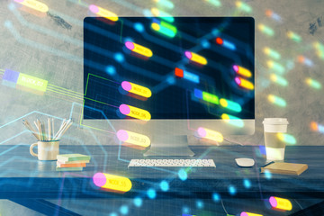 Technology theme drawing and table with computer. Double exposure. Concept of information.